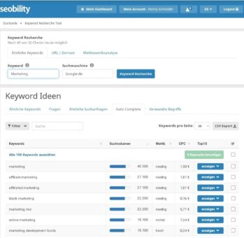 Seobility Keyword Recherche Tool Fragen